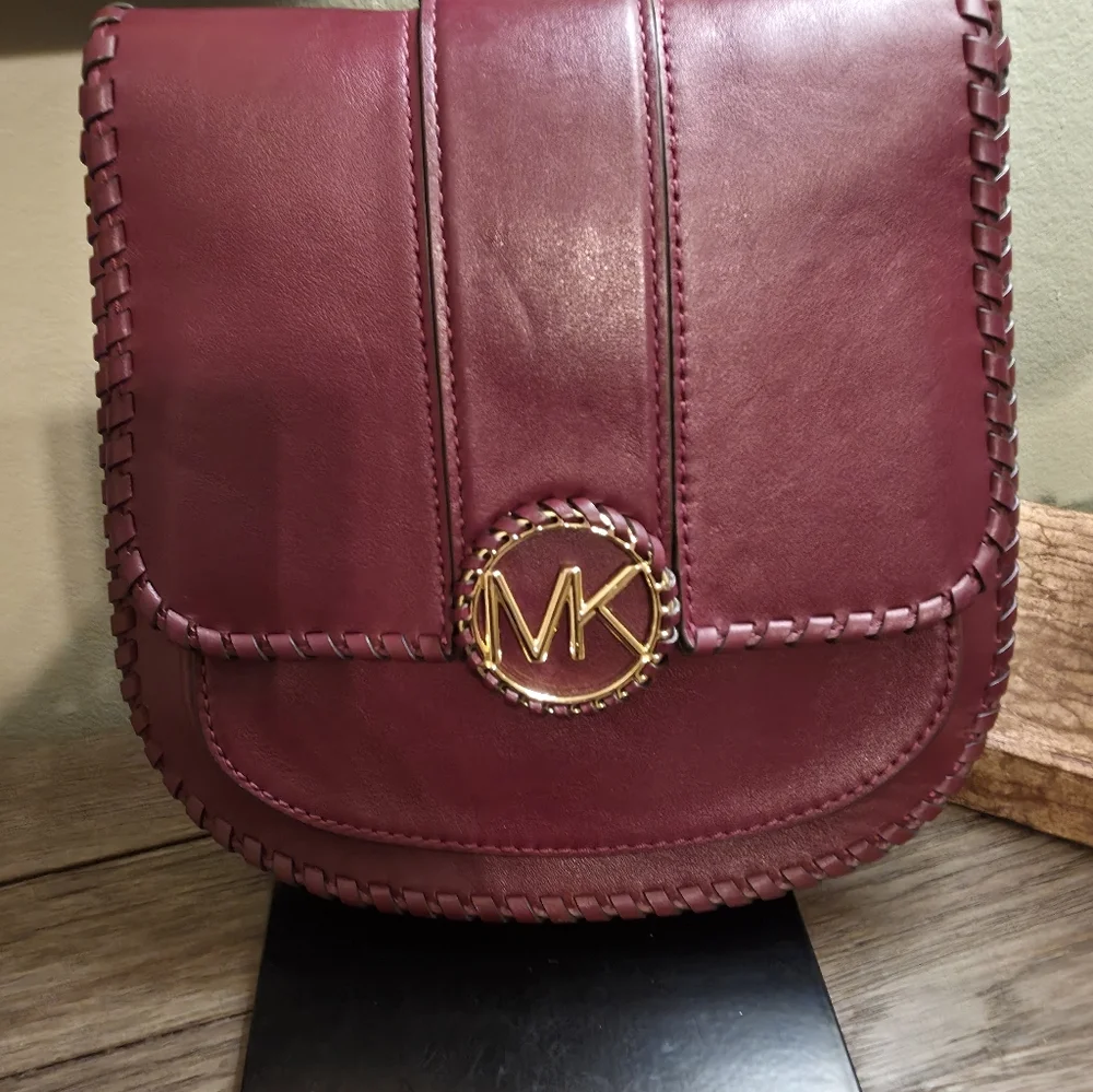 Michael Kors Wine Leather Crossbody with Gold MK Emblem
